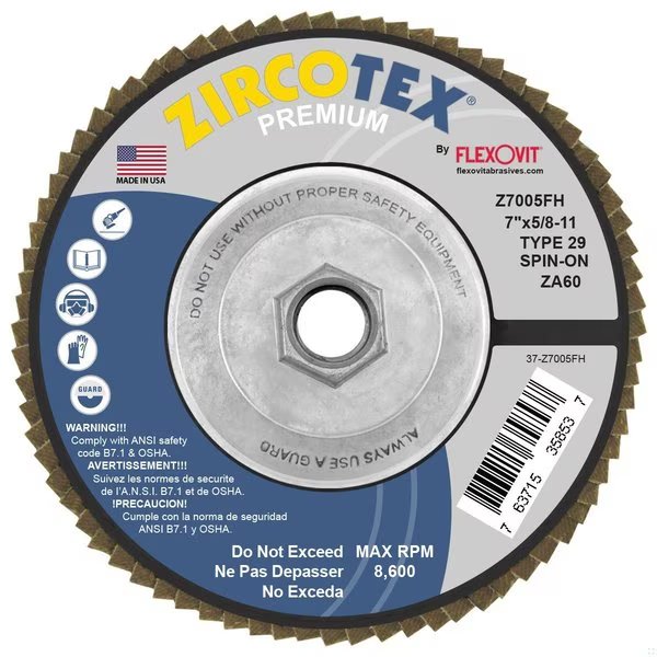 FLAP DISC ZIRCOTEX 7inX5/8-11 ZA60, Flexovit, Mfr#: Z7005FH